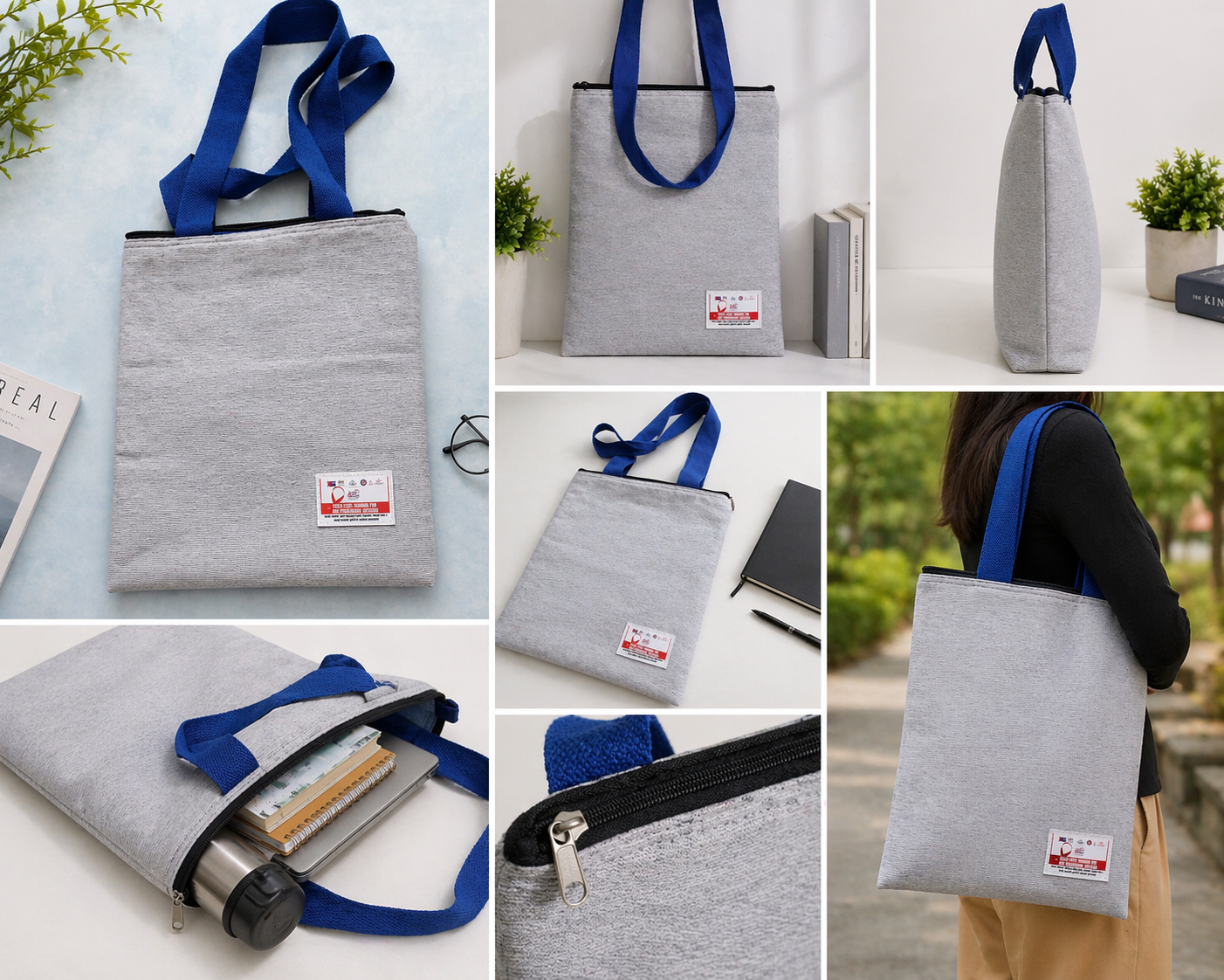 Elegant Dark Green Tote Bag with Zipper Closure – Durable Everyday Carry Bag.Classic Grey Fabric Tote Bag with Blue Handles – Zipper Closure Multipurpose Carry Bag