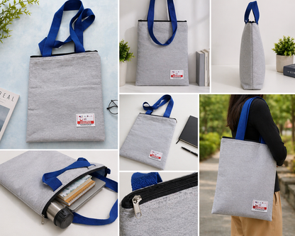 Elegant Dark Green Tote Bag with Zipper Closure – Durable Everyday Carry Bag.Classic Grey Fabric Tote Bag with Blue Handles – Zipper Closure Multipurpose Carry Bag