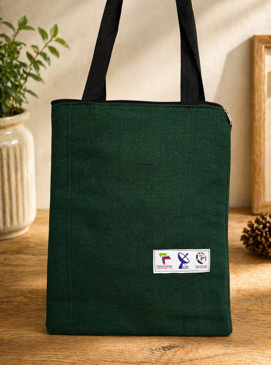 Elegant Dark Green Tote Bag with Zipper Closure – Durable Everyday Carry Bag.Classic Grey Fabric Tote Bag with Blue Handles – Zipper Closure Multipurpose Carry Bag