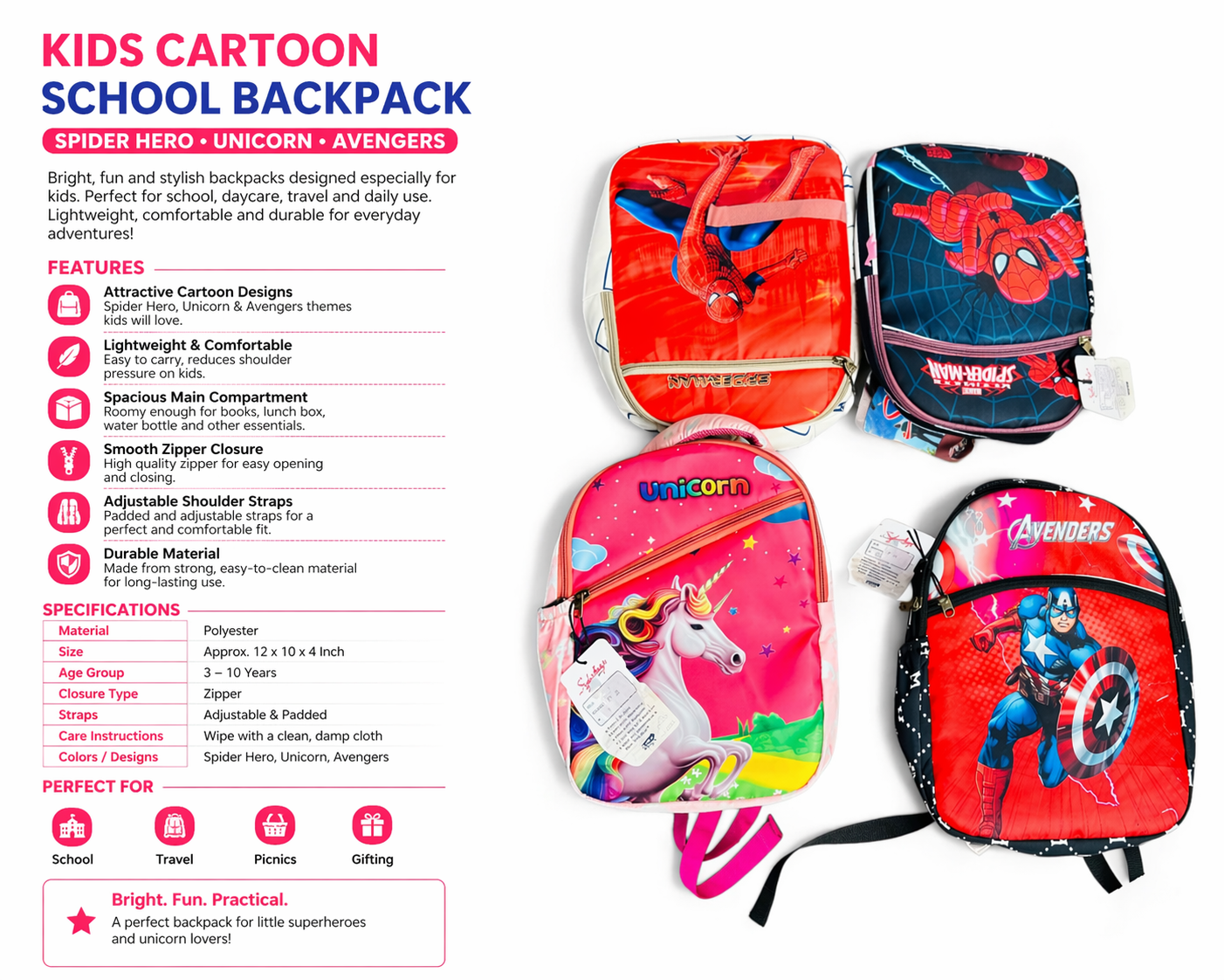 Kids Cartoon School Backpack – Spider Hero, Unicorn & Avengers Design | Lightweight Mini Backpack for Boys & Girls