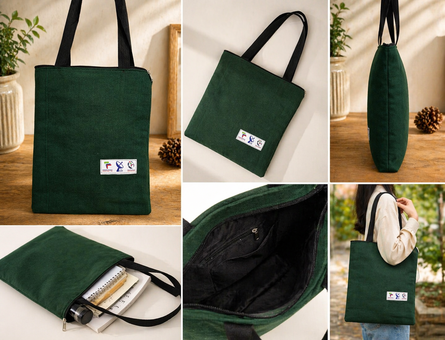 Elegant Dark Green Tote Bag with Zipper Closure – Durable Everyday Carry Bag.Classic Grey Fabric Tote Bag with Blue Handles – Zipper Closure Multipurpose Carry Bag